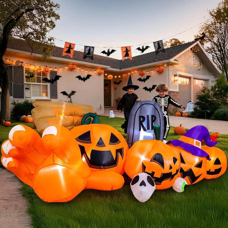 Garma 9.2 Ft Halloween Inflatables Outdoor Decorations, Long Inflatable Blow Ups Yard Decoration Pumpkin with Build-in LEDs, Gravestone and Witch Hat for Halloween Party Indoor, Lawn, Garden Decor - Image 5